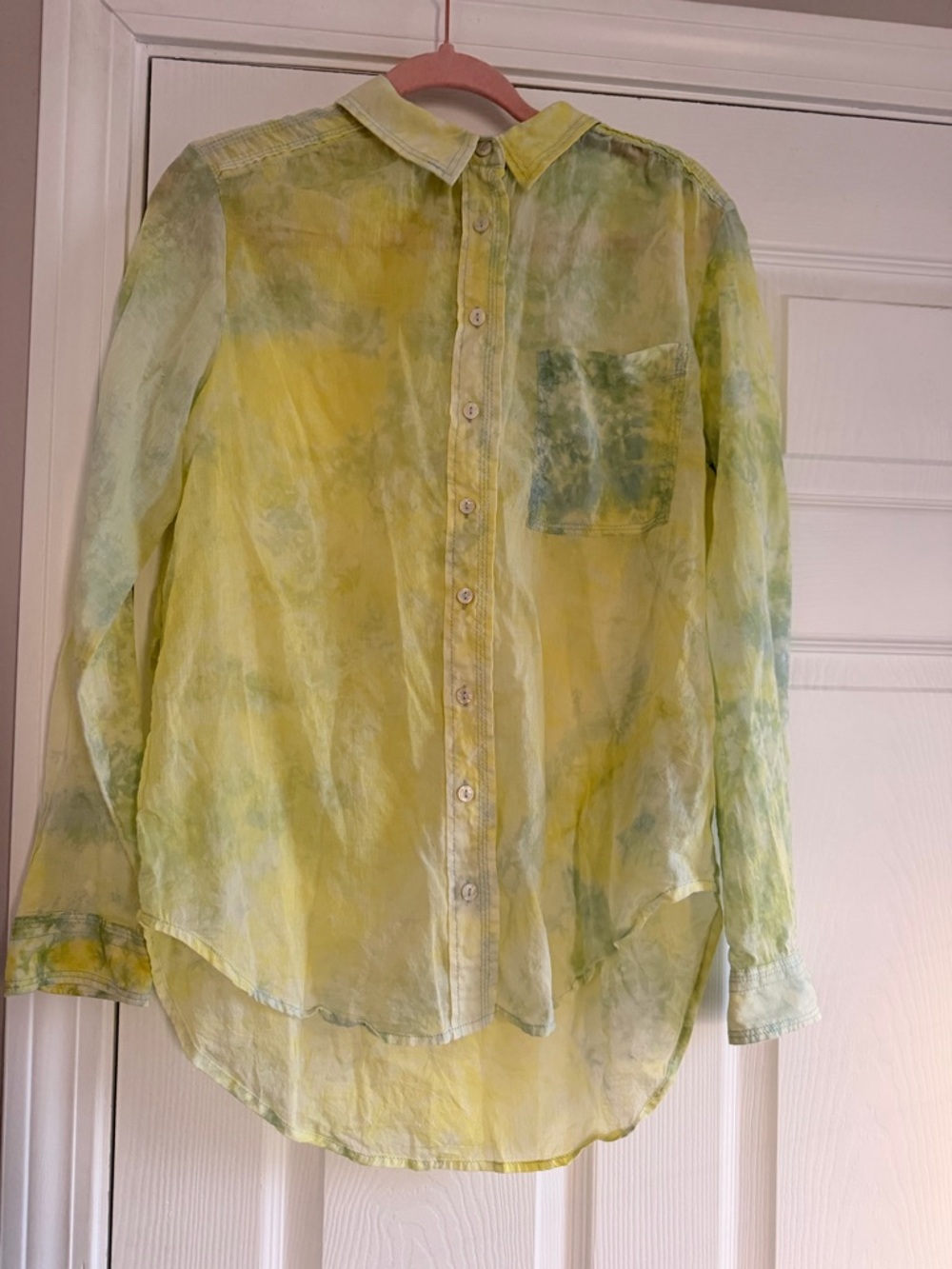 Anthropologie Yellow and Green Sheer Tie-Dye Button-Up Blouse